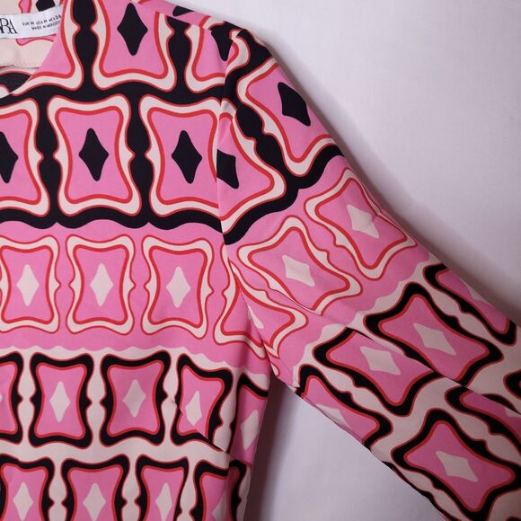 Zara Midi Dress Medium Pink, Black Printed Side Slits Resort - Picture 6 of 12